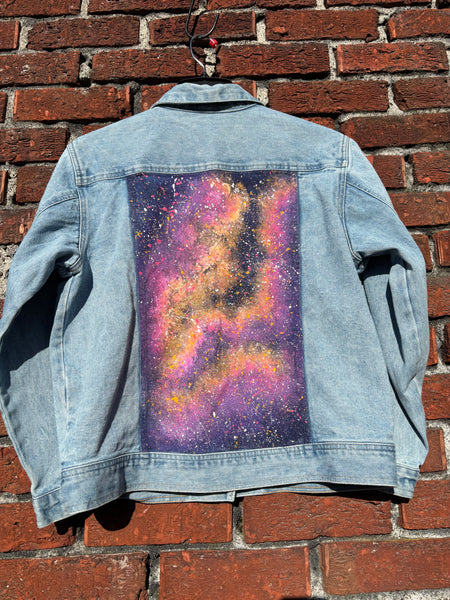 Purple & Orange Galaxy Glow in the Dark Jean Jacket - Hand Painted, Upcycled Women's Denim Jacket