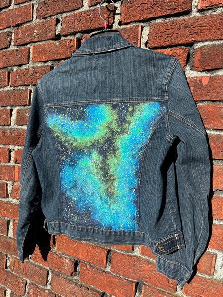 Green and Blue Cosmic Glow in the Dark Jean Jacket - Hand Painted, Upcycled Women's Denim Jacket