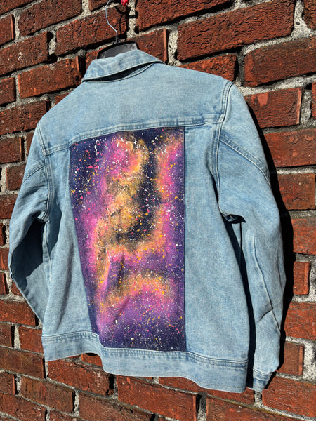 Purple & Orange Galaxy Glow in the Dark Jean Jacket - Hand Painted, Upcycled Women's Denim Jacket