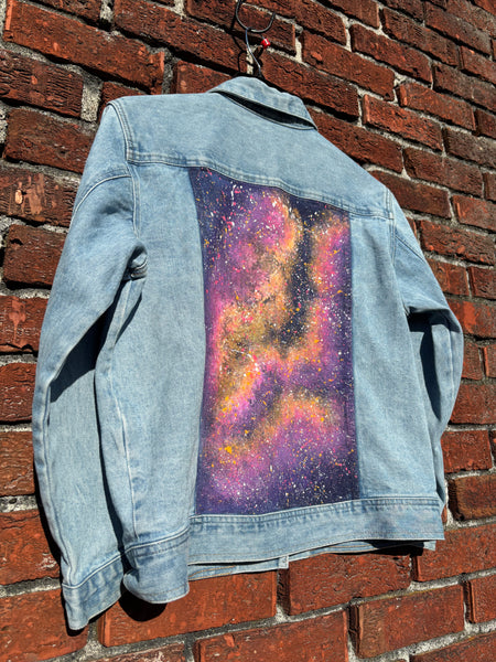 Purple & Orange Galaxy Glow in the Dark Jean Jacket - Hand Painted, Upcycled Women's Denim Jacket