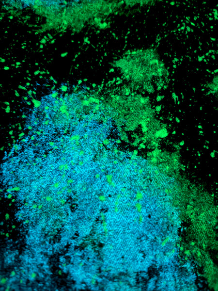 Green and Blue Cosmic Glow in the Dark Jean Jacket - Hand Painted, Upcycled Women's Denim Jacket