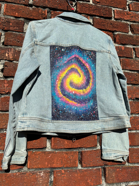 Spiral Galaxy Glow in the Dark Jean Jacket - Hand Painted, Upcycled Women's Medium Denim Jacket
