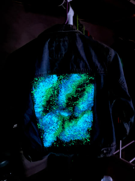 Green Galaxy Glow in the Dark Jean Jacket - Hand Painted, Upcycled Women's Denim Jacket