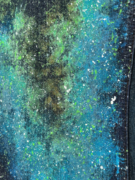 Green and Blue Cosmic Glow in the Dark Jean Jacket - Hand Painted, Upcycled Women's Denim Jacket