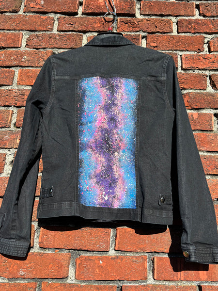 Blue & Pink Galaxy Glow in the Dark Jean Jacket - Hand Painted, Upcycled Women's Denim Jacket