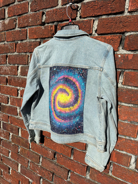 Spiral Galaxy Glow in the Dark Jean Jacket - Hand Painted, Upcycled Women's Medium Denim Jacket