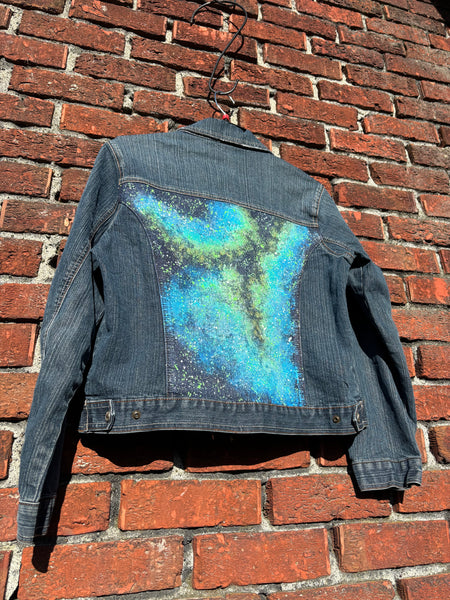 Green and Blue Cosmic Glow in the Dark Jean Jacket - Hand Painted, Upcycled Women's Denim Jacket