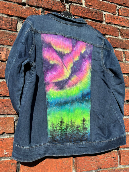 Aurora Glow in the Dark Jean Jacket - Hand Painted, Women's Large Denim Jacket