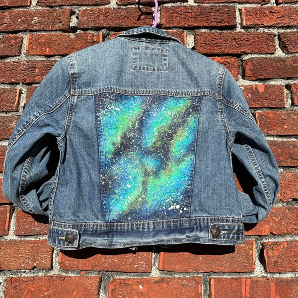 Green Galaxy Glow in the Dark Jean Jacket - Hand Painted, Upcycled Women's Denim Jacket